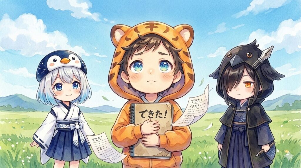 大雅くんが「できた！」と書かれたノートを胸に抱えて、空を見上げているシーン。ノートのページが風にめくれていて、一面に「できた！」という言葉が並んでいる。