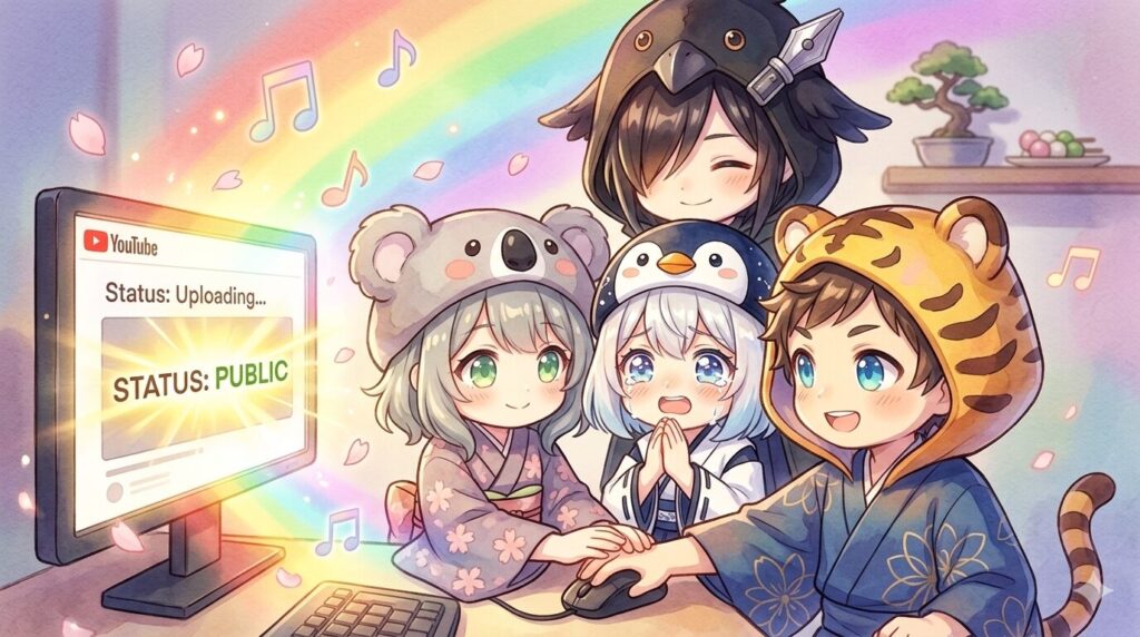 心愛と大雅が手を重ねてマウスをクリックし、ソノウソホントを世界に公開する瞬間