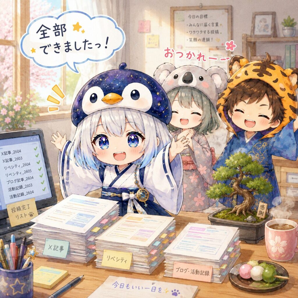 挿絵③・室内の作業部屋で海空がいくつもの投稿ファイルを並べて「全部できましたっ!」と喜んでいる。心愛と大雅が後ろで「おつかれー」と笑っている。