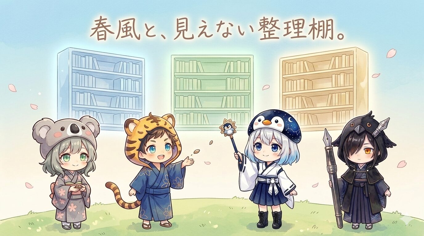 春の朝の空。手前にやわらかな丘、遠景に4つの透き通る大きな本棚（重なるように整然と並ぶ）が空に浮かんでいる。心愛・大雅は丘の上で小さな種を風にのせ、海空はポインターで本棚を指し示し、黒羽は巨大万年筆を脇に並んだ4人の右端に静かに立っている。空には書道風の手書き文字「春風と、見えない整理棚。」が淡く浮かぶ。