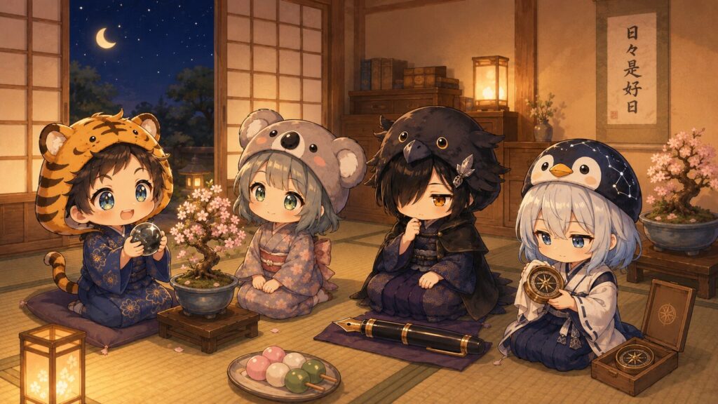 夜の和室に4人が静かに集まっている。大雅は石を大切そうに持ち、心愛は盆栽の傍に座り、黒羽は万年筆を傍に置いて考え込んでいる、海空は羅針盤をそっと磨いている。灯火の温かい光。