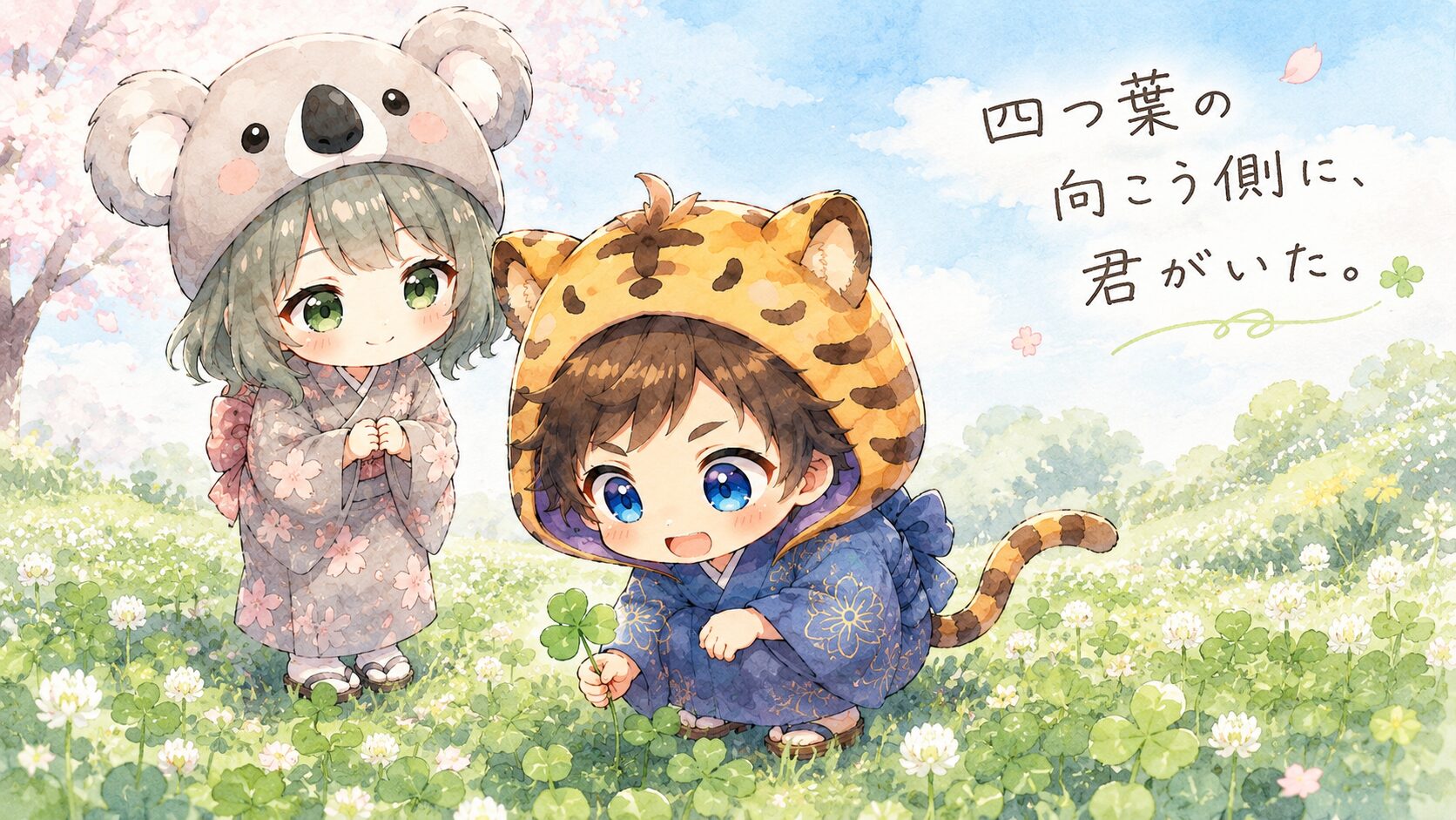 アイキャッチ・大雅が草むらにしゃがみこんで四つ葉のクローバーを見つめている。心愛がそばでほっこりした笑顔で見守っている。春の柔らかい午前の光。「四つ葉の向こう側に、君がいた。」を右上に手書き風で。