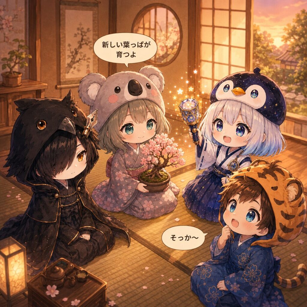夕暮れの和室で4人が輪になっている。黒羽が静かに目を細め、心愛が盆栽を抱えるように「新しい葉っぱが育つよ」という表情。海空が星屑万華鏡を掲げて光を放っている。大雅が「そっか〜」という表情。