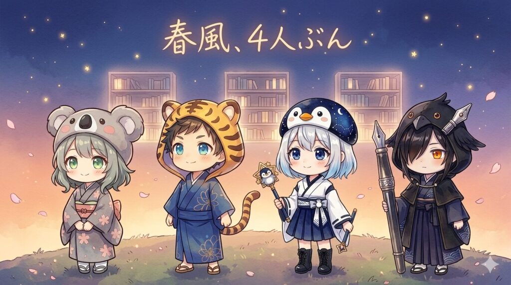 夕暮れの空のもと、なだらかな丘の上に4人が横一列に並んで、同じ方向（明日の方向）をやわらかく見つめている。背後の空には、第1章の小さな種が育って光る点となって浮かび、第3章の3つの棚もうっすらと透けて見える。空には書道風の手書き文字「春風、4人ぶん」が淡く浮かぶ。
