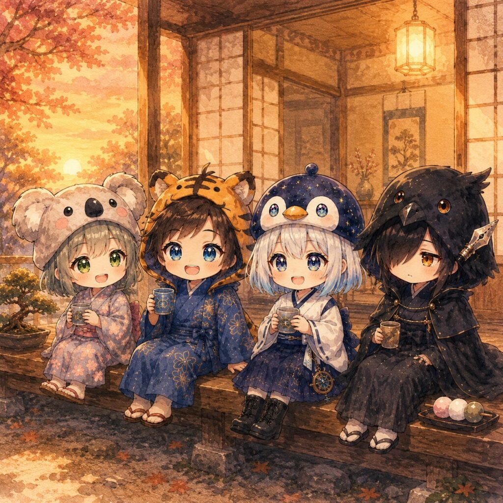 挿絵⑥・夕暮れの縁側で4人が横並びに座っている。盆栽と三色団子がさりげなく置かれて、温かい光の中でひとやすみしている空気感。
