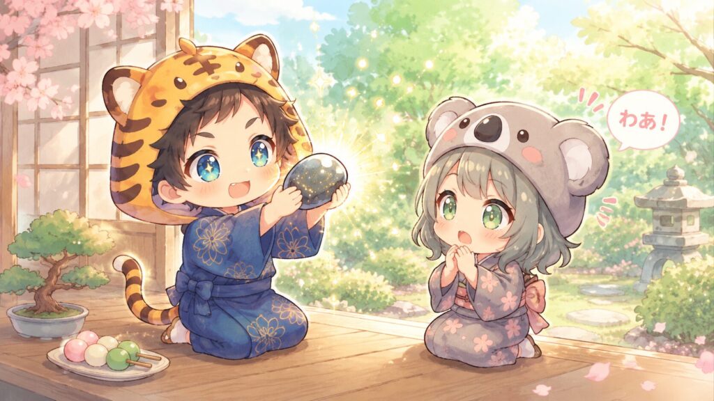 春の縁側で大雅が磨いたばかりの石をキラキラと見せている大発見の場面。石から光の粒が飛び散る。心愛がほわっと驚いて嬉しそう。春の庭が背景。