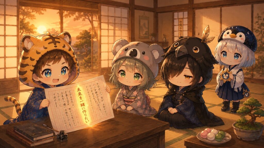 夕方の和室で大雅が完成した原稿を読みあげる。「未来を一緒に作りたい」のフレーズに光が差すような演出。心愛と黒羽が並んで聞いている。海空が後ろで星屑万華鏡に「今日の一枚」を仕舞うような仕草。窓の外は夕焼け。
