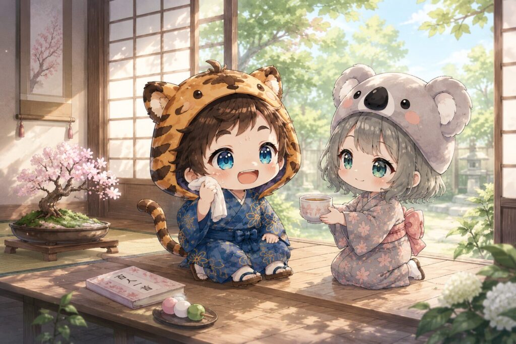挿絵①・朝の縁側で大雅が走った後の息を整えながら笑顔でいるシーン。横に心愛がお茶を差し出している。障子から朝の白色光。