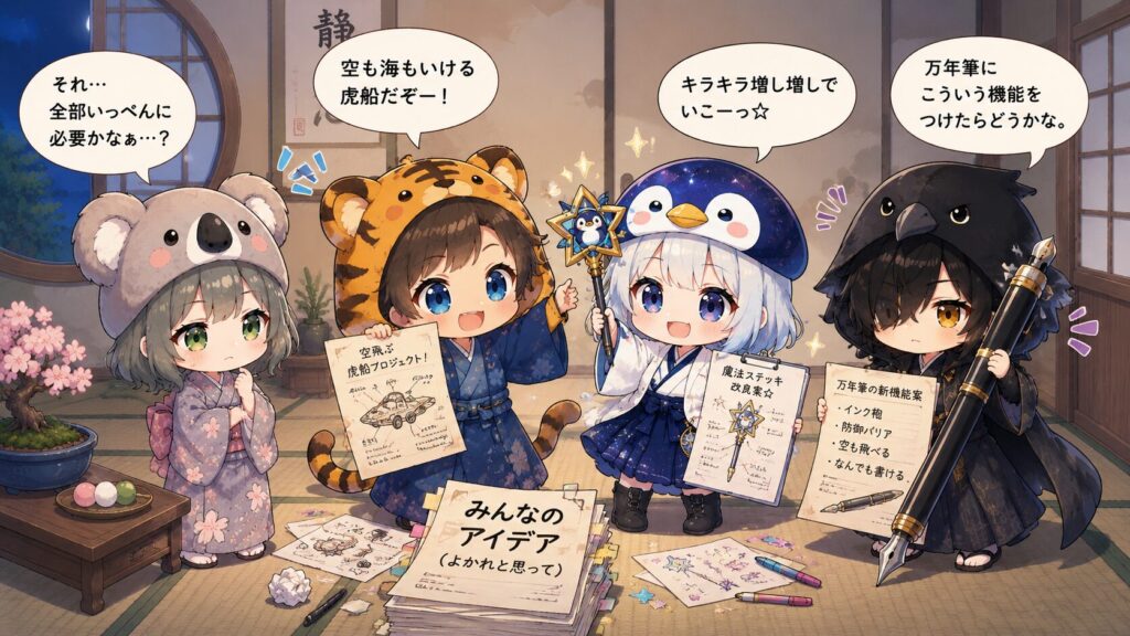 4人のアシスタントたちがそれぞれ「よかれと思って」違う提案を持ち込んでいる様子