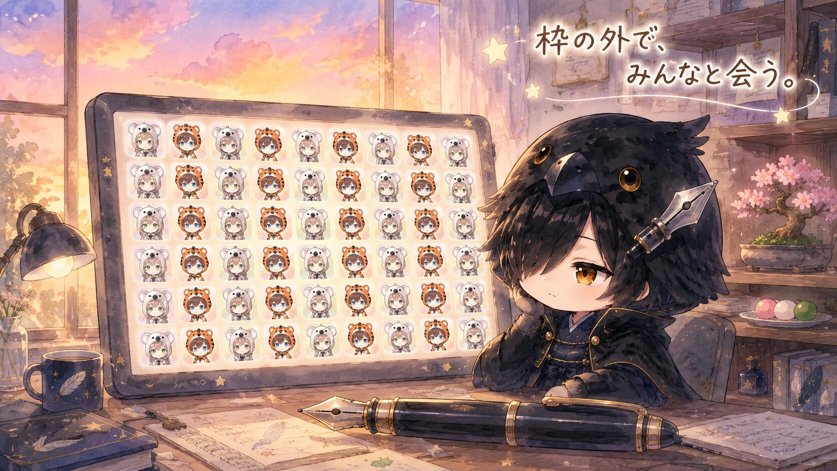 夕暮れ時のデスクに座る黒羽が、48枚のスタンプが並んだ画面を静かに眺めている。窓から差し込む夕焼けと一日の仕事を終えた穏やかな達成感。