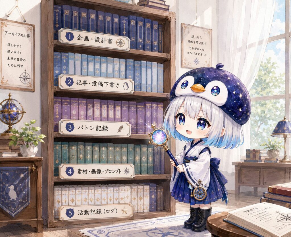 挿絵③・海空が星屑万華鏡を手に、整然とした書庫の棚を眺めているシーン。五つの棚にはそれぞれラベルが貼られている。昼白色の光が静かに差し込む。