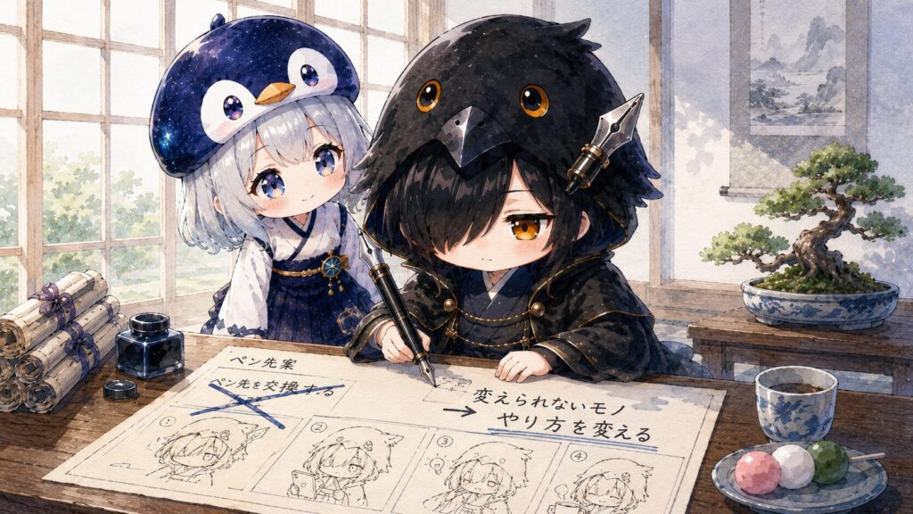 挿絵⑤・黒羽が4コマの設計図を書き直しているシーン。最初のペン先換え案に線が引かれ、横に「他責→変えられないモノ→やり方を変える」と書き直されている。海空が後ろからそっと見ている。