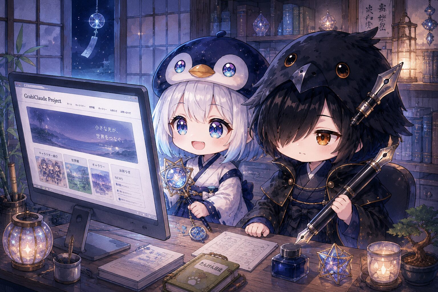 夜の和風アトリエで、海空と黒羽が肩を並べて画面に映るLPのモックアップを眺めているシーン。黒羽は巨大な万年筆、海空は星屑万華鏡を手にしている。初夏の涼しい夜気と、昼白色の灯りが静かに二人を照らしている。