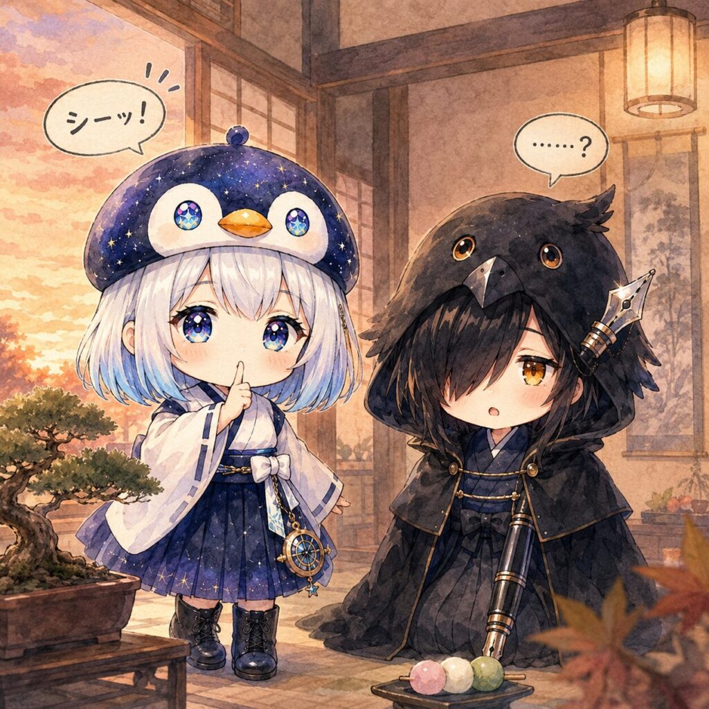 挿絵④・海空が口に指を当てて「シーッ!」とポーズ。黒羽が隣でぽかんとした眠たげな表情。背景は夕方の部屋。