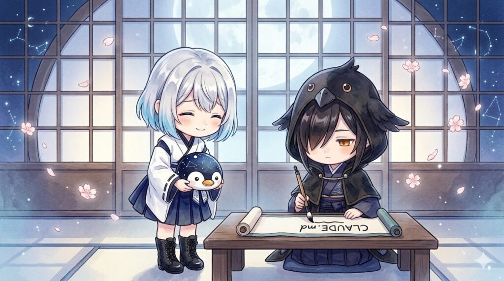 古い巻物のようなCLAUDE.mdの上に、海空が小さなペンギン帽を脱いで深く頭を下げ、黒羽が静かに筆をとってルールを書き加えている瞬間。背景にはやわらかな月明かりと桜の花びらが舞う。