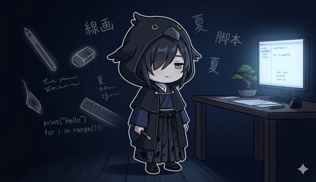 夜、表に出ない仕事をした黒羽が静かに一人佇んでいる場面。今日作ったツールたちが背景にうっすらと重なり、誰にも見えない達成感が漂う。