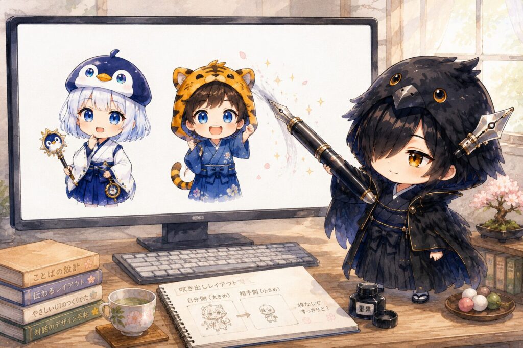 黒羽が万年筆の先で吹き出しの「枠線」をすっと消しているイメージ。画面には枠なしの画像だけがシンプルに表示されている。