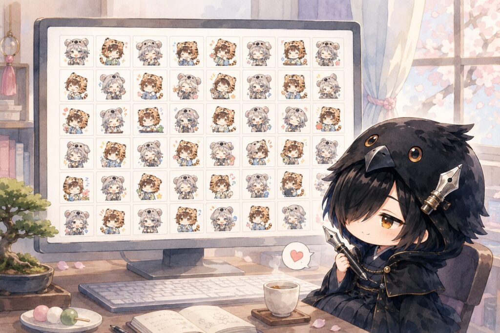 黒羽の手元にスタンプシートが開いていて、切り出された小さなスタンプたちが画面に48枚並んでいる。どこかほっとした表情の黒羽。