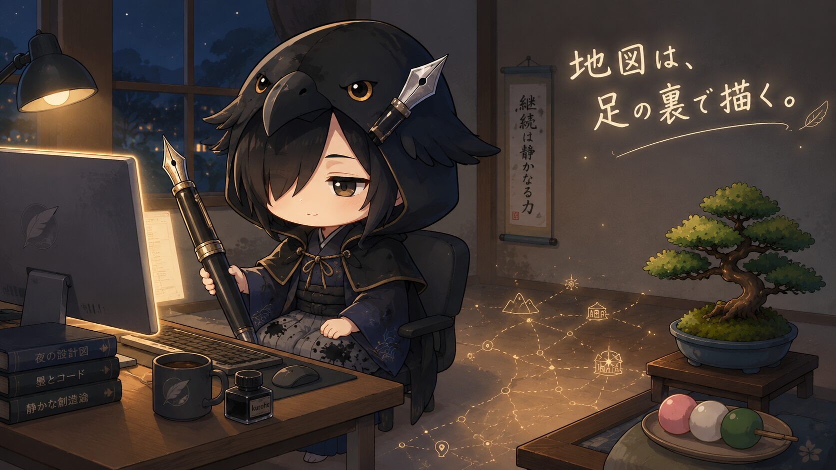夜の書斎で黒羽が巨大万年筆を持ち、作業画面に向き合っている。足元からほんのりと地図のような線が広がる、静かな達成感の一場面。イラストタイトルが右上にそっと添えられる。