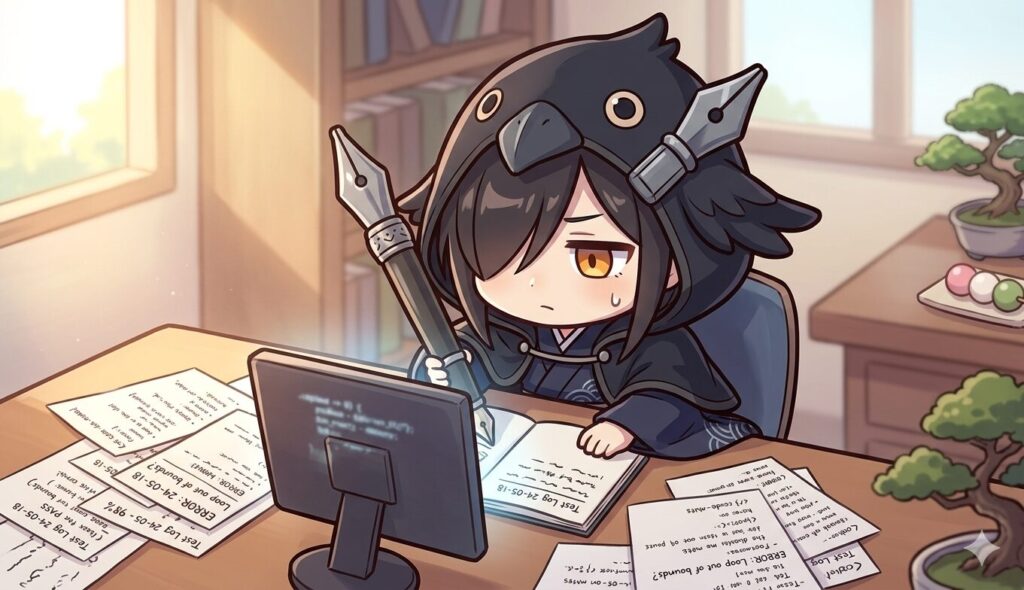 午前中の黒羽が自動投稿の仕組みを作り直している場面。試してはエラーが出て、引いて考えて、また試す——試行錯誤の只中にいる職人の集中した横顔。