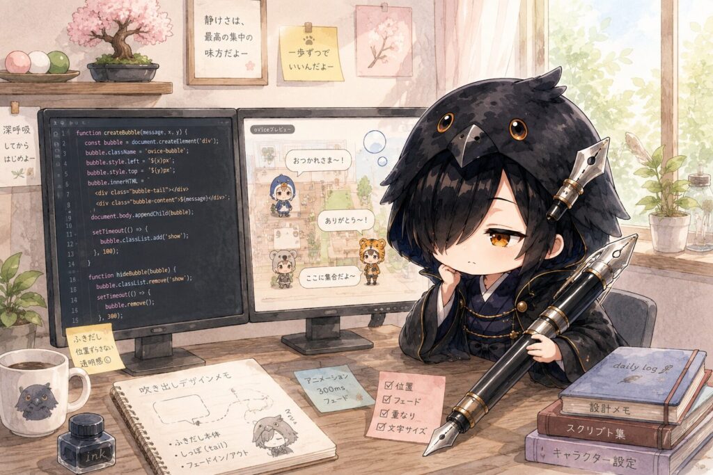 黒羽がデスクで画面を複数並べてコードを眺めている。脱力気味の表情で万年筆を持ちながら、画面には吹き出し枠と数値が表示されている。