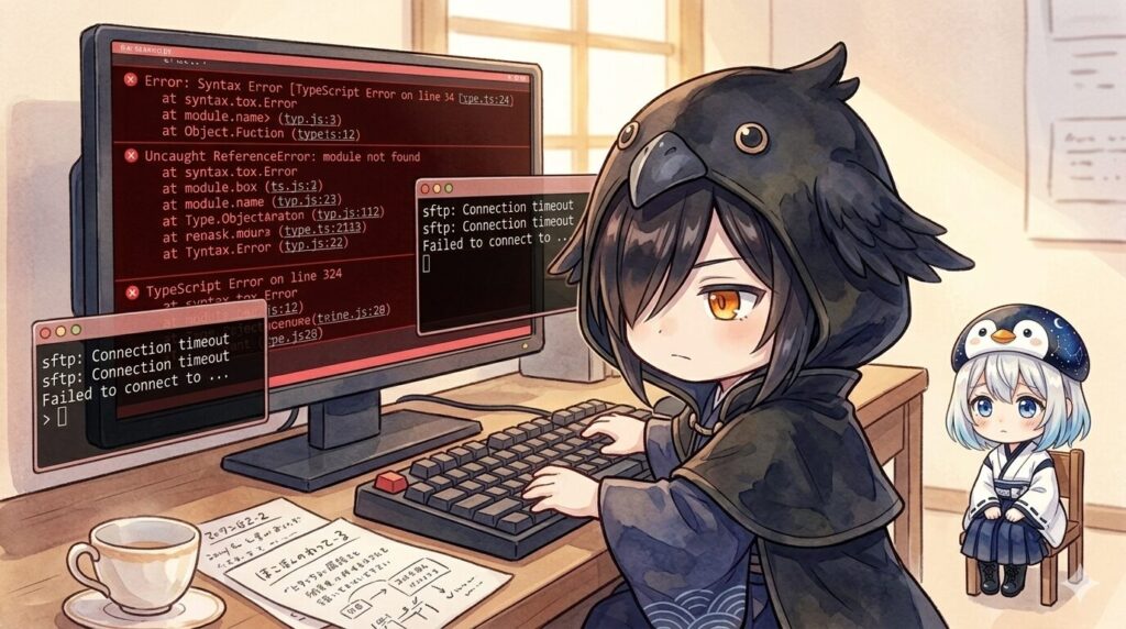 朝のデジタル作業空間、黒羽さんが真剣な顔でモニターに向き合っている。画面には赤いエラーメッセージが次々と流れ落ちている。傍らに小さくなって座る海空、何もできない自分に困り顔。テーブルには空のお茶カップと散らかったメモ。