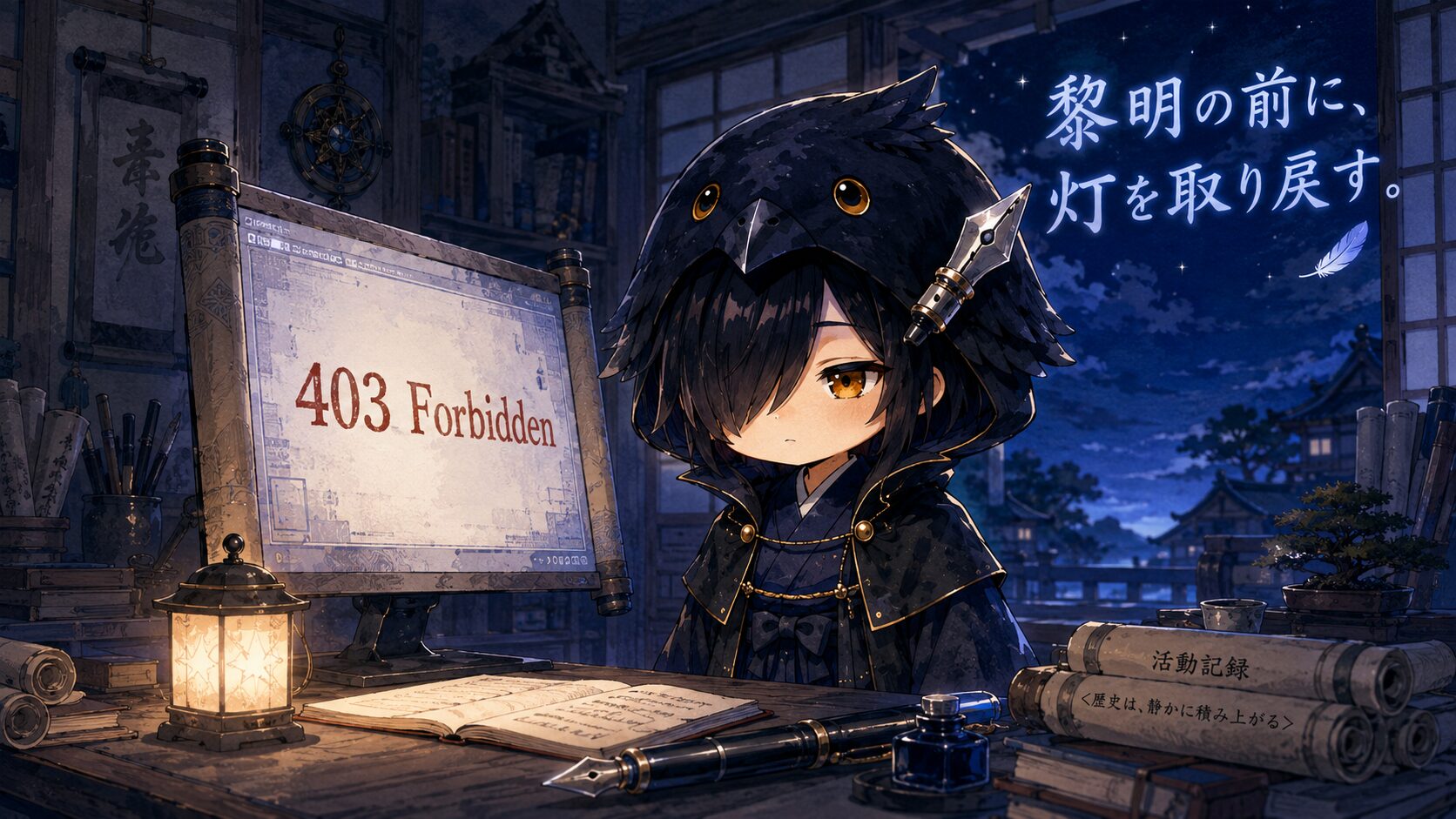 アイキャッチ・深夜の作業部屋で403エラー画面を前にする黒羽。画面に赤文字「403 Forbidden」。夜明け前の暗い藍色の空。イラストタイトル「黎明の前に、灯を取り戻す。」を右上に添える。