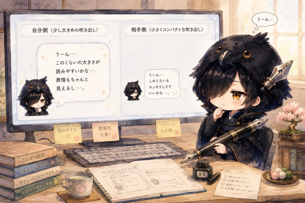 画面が左右2分割されていて、自分側（大きめ吹き出し）と相手側（小さい吹き出し）を黒羽が静かに見比べている。