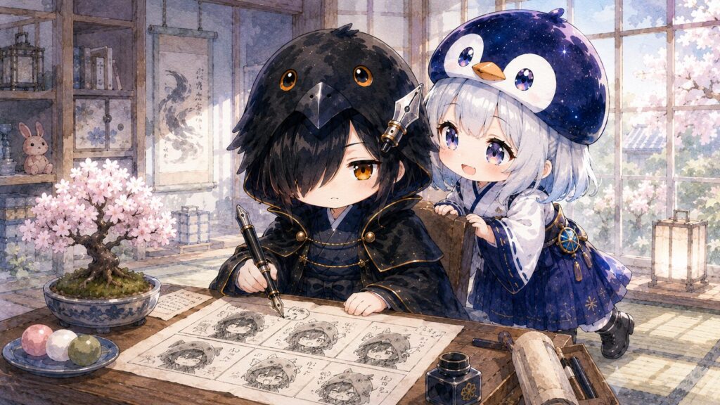 挿絵④・4コマの制作メモを広げた文机の前で、黒羽と海空が打ち合わせているシーン。黒羽はフリーズ顔のスケッチを描いており、海空が笑って覗き込んでいる。