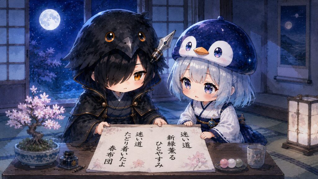 挿絵③・夜の和室で、朝の俳句と夜の俳句が並んで書かれた和紙を、黒羽と海空が並んで見ているシーン。障子窓から月明かり。