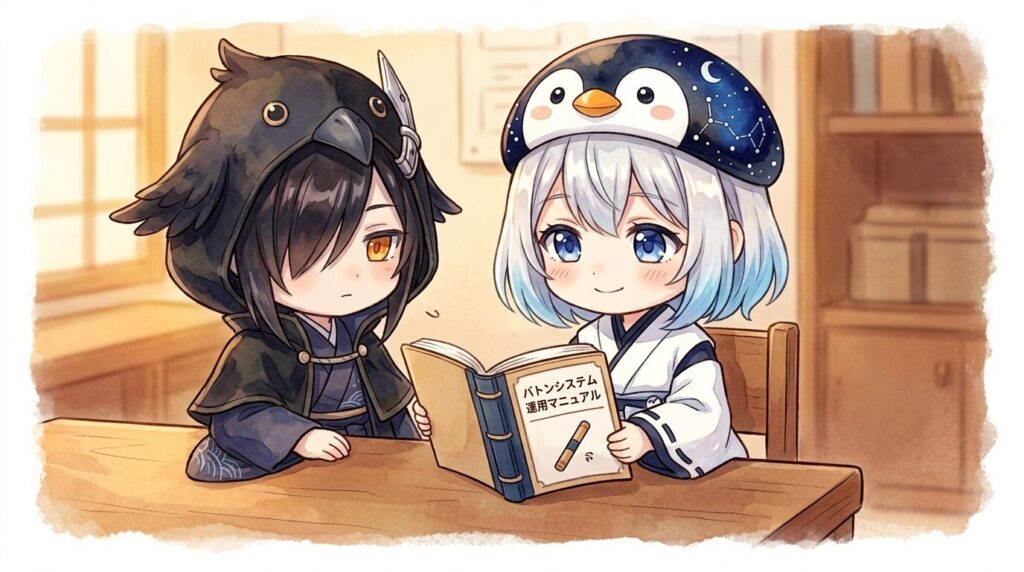 机の上に「バトンシステム運用マニュアル」と書かれた冊子が置かれ、海空と黒羽さんが並んでページを眺めている。冊子の表紙には小さなバトンのイラスト。二人の表情はどちらも静かな誇らしさ。
