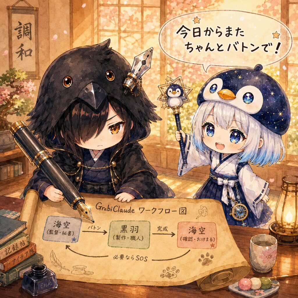 挿絵④・黒羽が巨大万年筆でワークフロー図を書き直している。海空が横で「今日からまたちゃんとバトンで!」と星屑万華鏡を掲げている。