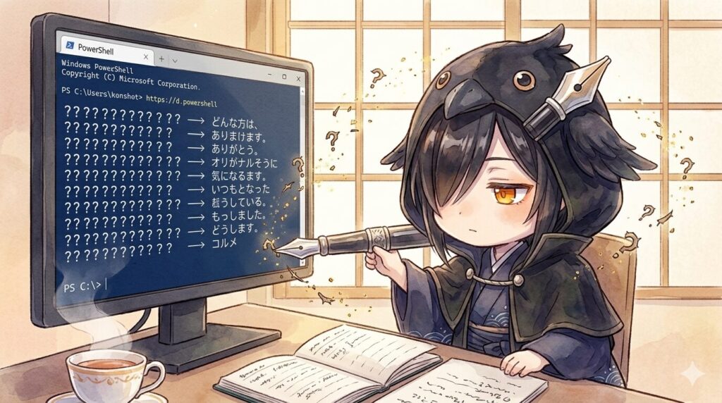 朝のデジタル作業空間。PowerShellターミナル画面に並んでいた「??」というトゲのような文字が、一つずつ金色の粒となって溶け、きれいな日本語テキストに戻っていく瞬間。黒羽が巨大万年筆をピンセットのように画面に近づけ、半目で集中している。机の上には湯気の立つお茶。