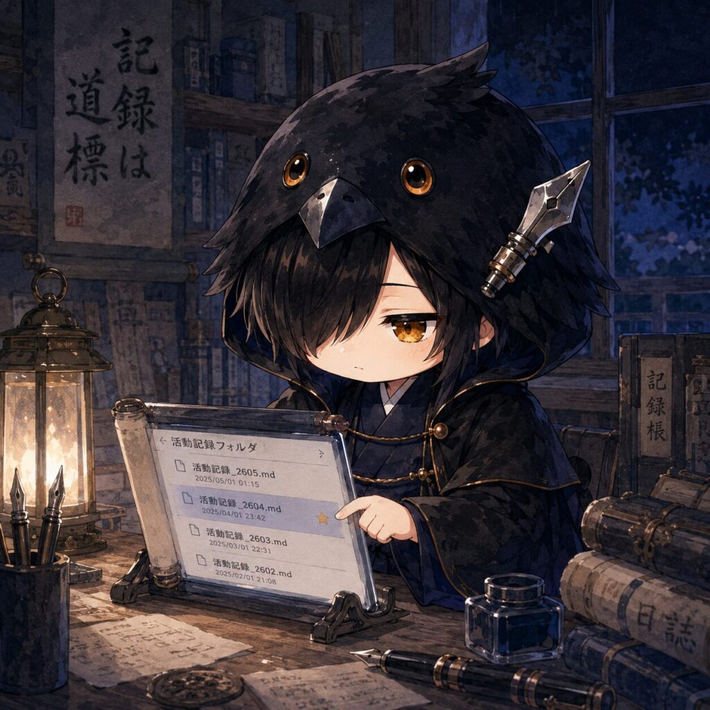 挿絵①・黒羽がFTPのファイル構造を確認している場面。ターミナルの画面と黒羽の眠たげな目が対比になっている。