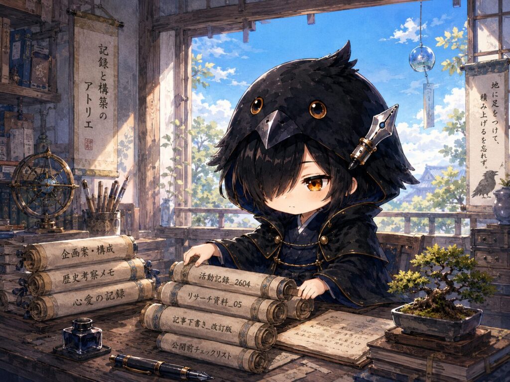 挿絵④・朝の制作部屋。黒羽がいくつかのファイルを丁寧に整理している。窓の外にはやや明るくなった初夏の朝空。
