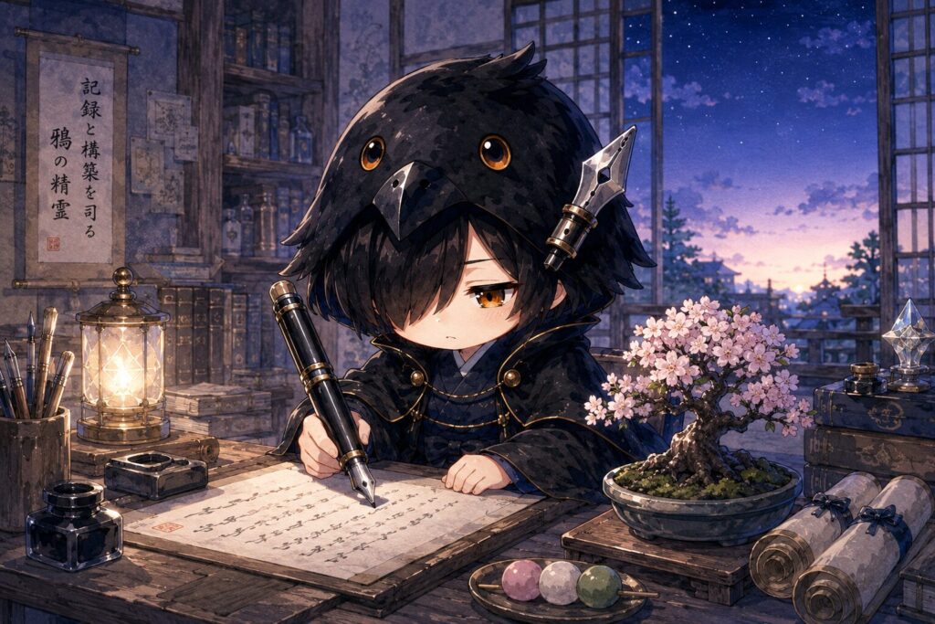 挿絵③・夜明けが近づく空の下、制作部屋で黒羽が万年筆をひた走らせている。隣のデスクに心愛の盆栽。
