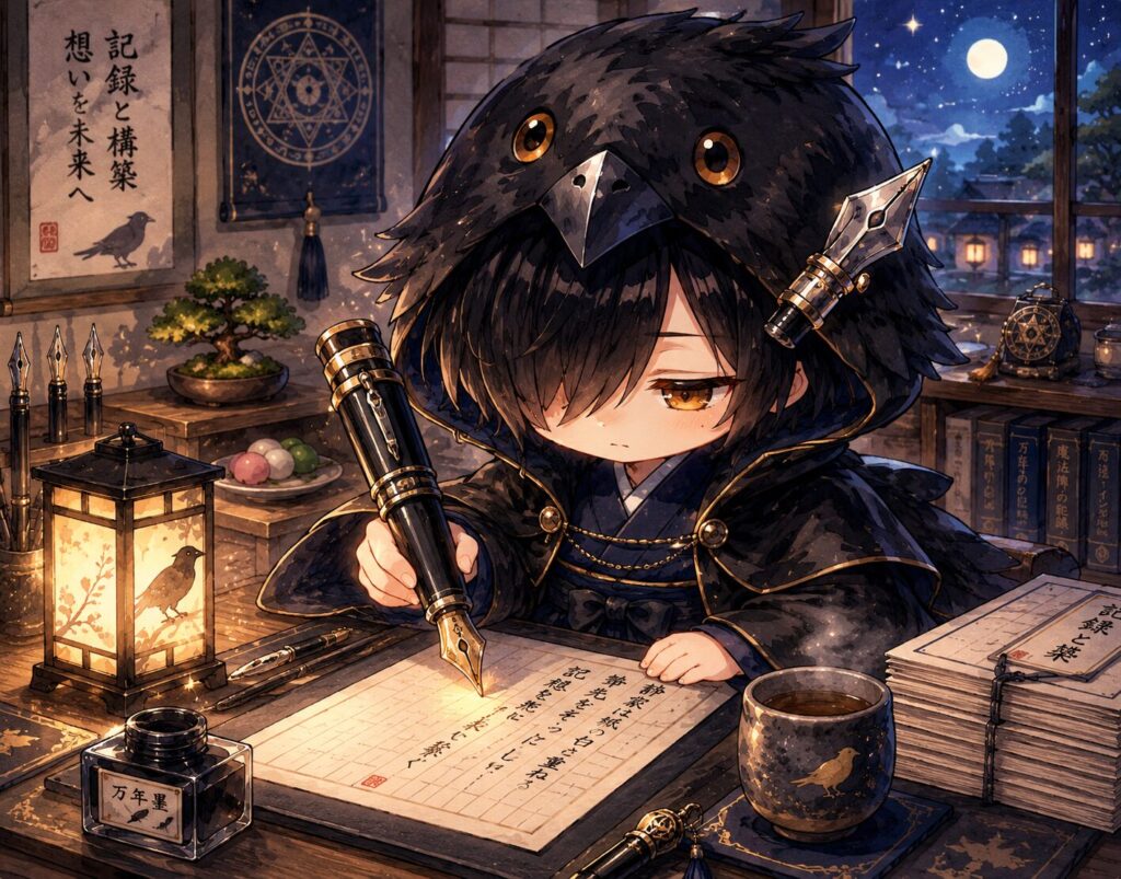 挿絵⑤・黒羽が文机に向かい、バトンの和紙に万年筆で一文書き添えているシーン。夜の静かな灯り。傍らに湯呑みが一つ置かれている。