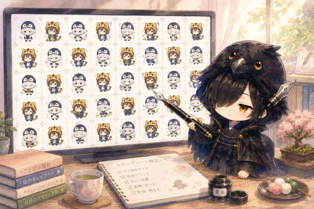 黒羽がスタンプシートを画面に表示して、マス目を万年筆の先でトントンと確認しているところ。集中した眠たげな表情