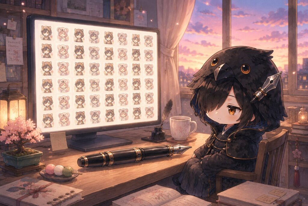 黒羽が48枚のスタンプが並んだ画面を静かに眺めている。外は夕暮れで、一日の仕事を終えた穏やかな空気感。