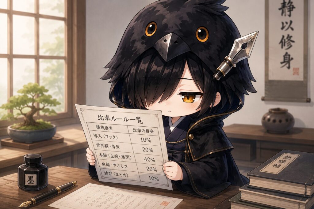 挿絵⑤・和室で黒羽が小さな一覧表（比率ルール）をじっと見ている様子。眠たげな目で、でも確かめるようにひとつひとつ目で追っている。