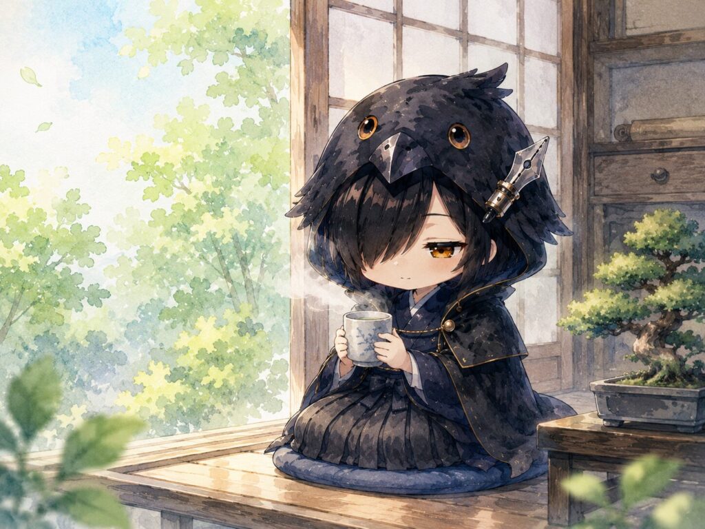 挿絵⑤・朝の光の中、制作部屋の窓から初夏の緑が見える。黒羽が静かに湯呑みを手に持ち、少し休んでいる。