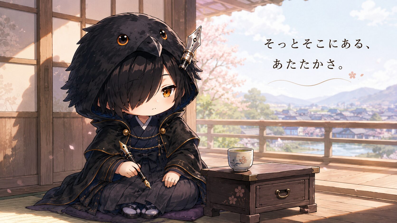午後の縁側で万年筆を手に遠くをぼんやり眺める黒羽。窓から差し込む柔らかい白色光。机には湯呑みがひとつ