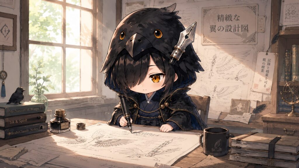 挿絵②・黒羽が巨大な万年筆で原稿を書き上げている。鴉のフードを深くかぶったまま真剣に作業しているシーン。朝の光の中で集中している様子。