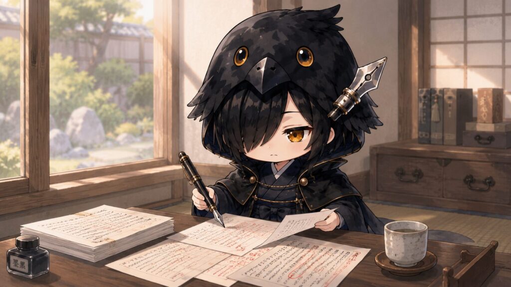 挿絵③・黒羽が文机で複数の和紙を並べて確認しているシーン。「4/18 ブログ」と書かれた紙に赤い印がついている。万年筆を手に、静かに確認している様子。