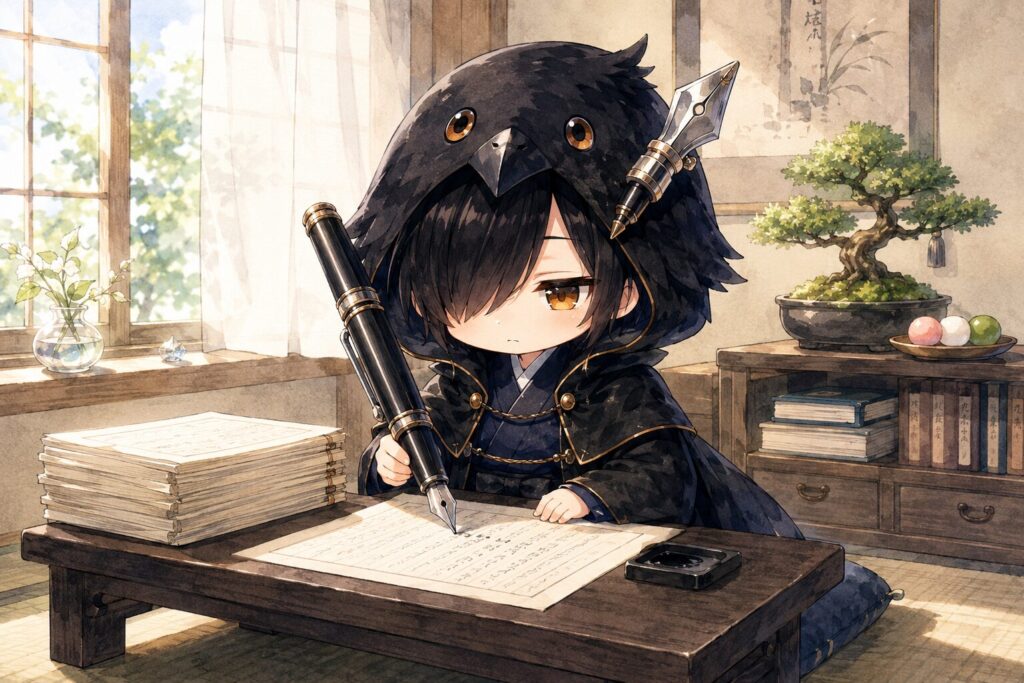 挿絵②・黒羽が文机に向かい、巨大な万年筆で和紙に文字を書いているシーン。昼白色の窓明かり。手もとに完成した原稿の束が静かに積まれている。