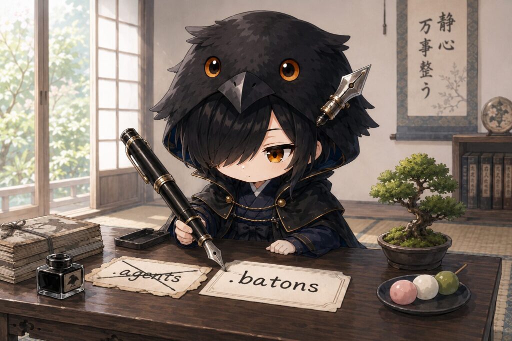 挿絵②・黒羽が文机に向かい、ラベルの書き直しをしているシーン。「.agents」と書かれた古い紙に線を引き、「.batons」と書き直す。万年筆を手に持ち、静かに集中した表情。