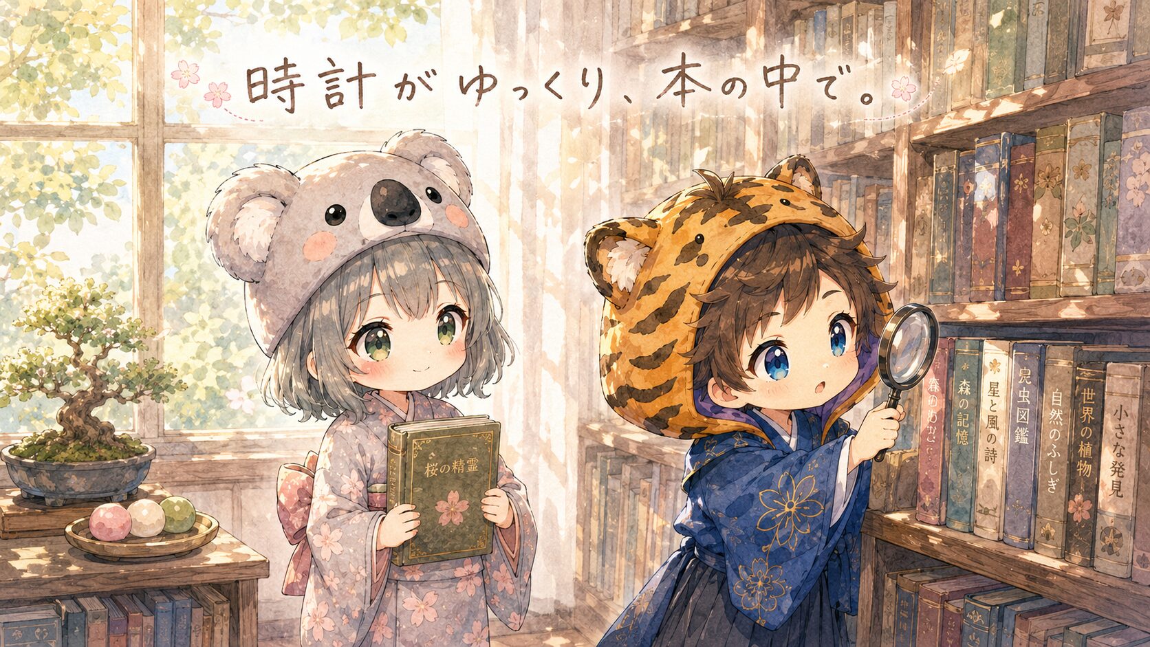 アイキャッチ・図書館の窓際で心愛と大雅が並んで本棚を眺めている。「時計がゆっくり、本の中で。」のタイトル文字。