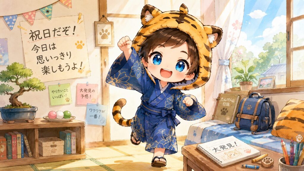 挿絵①・憲法記念日の朝、大雅が元気よく腕を上げて「祝日だぞ!」と叫んでいる。