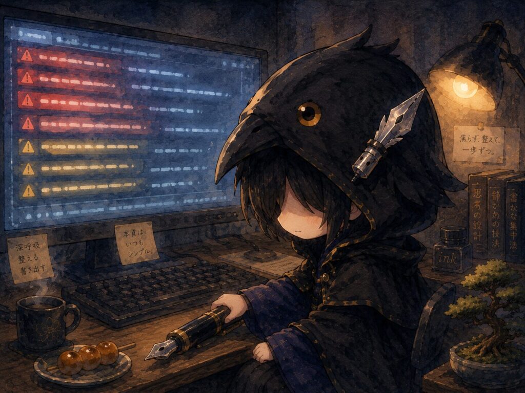 挿絵③ モニタにエラーログ・フードを深く被って画面と対話