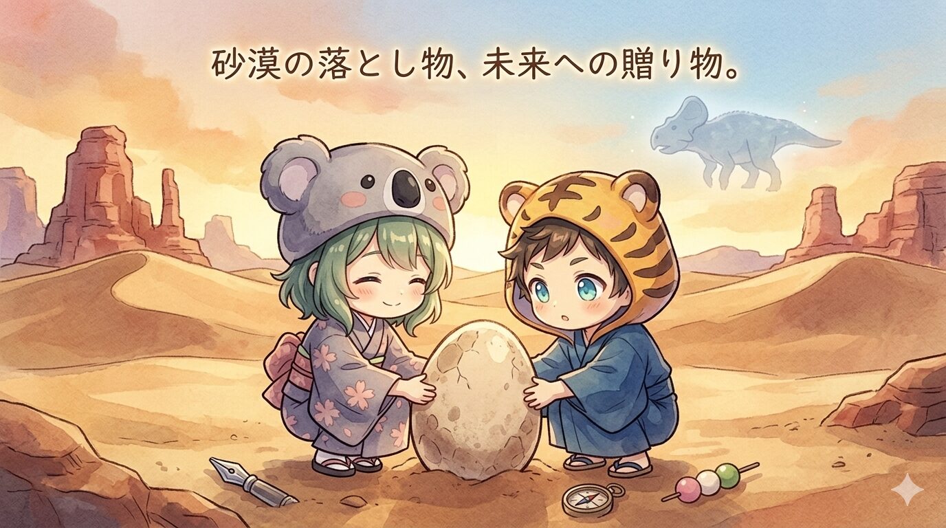 ゴビ砂漠の夕暮れ。心愛と大雅が砂の中から半分顔を出した恐竜の卵を、両手で大切に包んでいる。空高くにプロトケラトプスのシルエットが守護霊のように浮かび、足元の砂粒には万年筆のペン先・小さな羅針盤・三色団子の楊枝が「未来への贈り物」として点在している。空に「砂漠の落とし物、未来への贈り物。」のタイトル文字が手書き風に浮かぶ